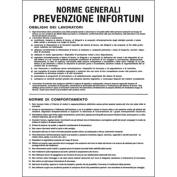 Cartello segnalatore - 50x67 cm - NORME GENERALI PREVENZIONE INFORTUNI - polionda - Cartelli Segnalatori-0