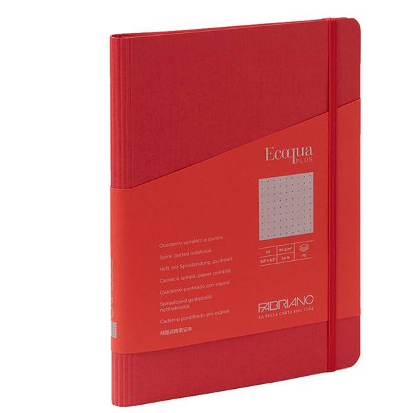 Taccuino EcoQua Plus - con elastico - spiralato - A5 - 70 fogli - puntinato - lampone - Fabriano-0