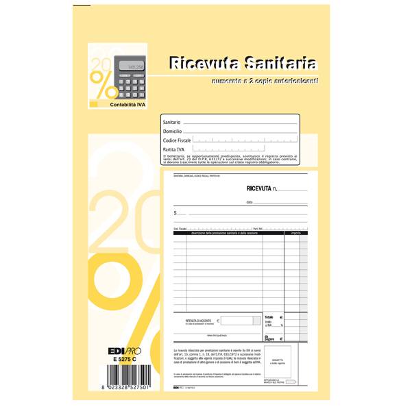 Blocco Ricevute Sanitarie Edipro - 15x23 cm - 50/50 Fogli Autoricalcanti Numerati - E5275C-0