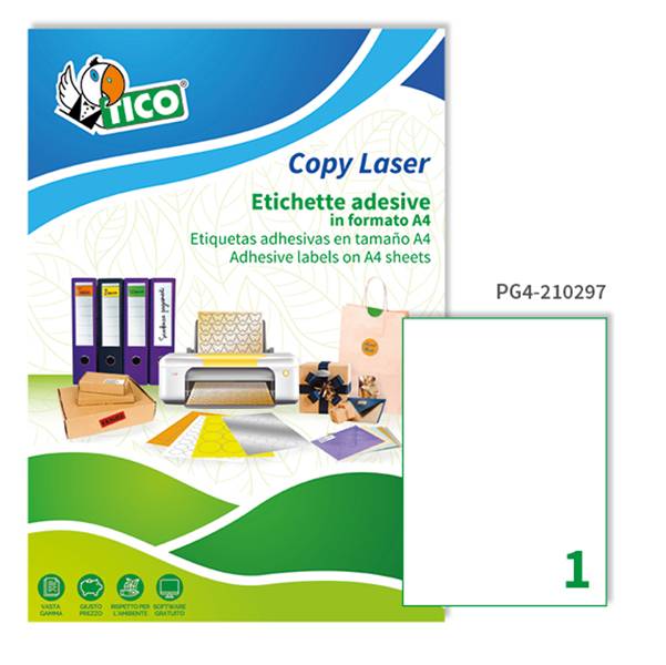 Etichetta adesiva PG4 bianca lucida 100fg A4 210x297mm (1et/fg) Tico-0