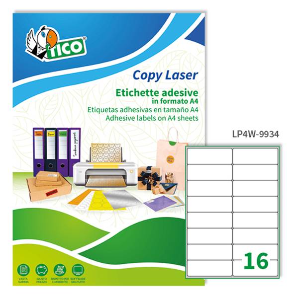 Etichetta adesiva LP4W - permanente - 99,1x34 mm - 16 etichette per foglio - bianco -Tico - conf. 100 fogli A4-0
