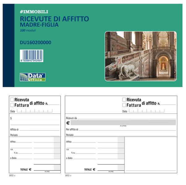 Blocco Ricevute/Fatture Affitto Madre-Figlia Data Ufficio - 100 Pagine - 21,5x10 cm - DU160200000-0