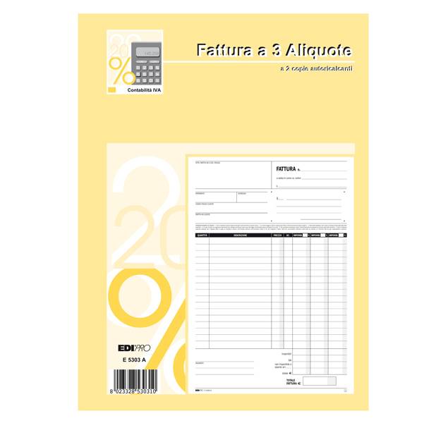 BLOCCO FATTURE 3 ALIQUOTE IVA 2COPIE 50FOGLI AUTORIC. 29,7X21 E5303A-0