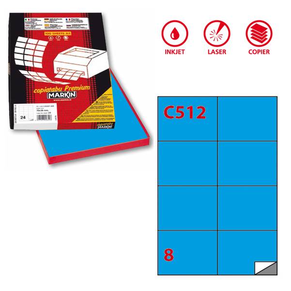 Etichetta adesiva C512 - permanente - 105x74,25 mm - 8 etichette per foglio - blu - Markin - scatola 100 fogli A4-0