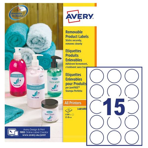 Etichette adesive rotonde rimovibili �51mm (15et/fg) 25fg laser/inkjet Avery