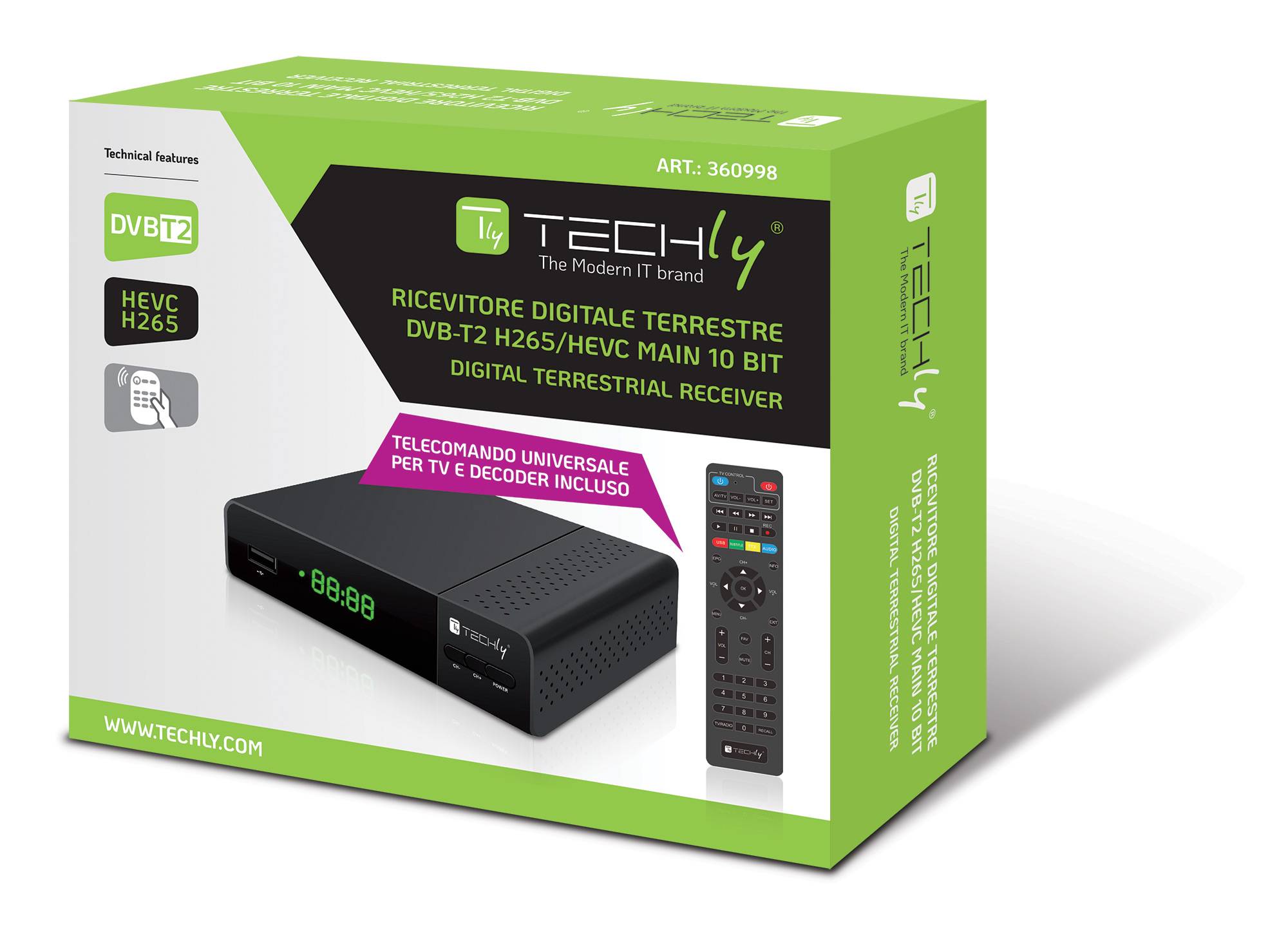 Decoder Ricevitore Digitale Terrestre DVB-T/T2 H.265 HEVC 10bit con Display e Telecomando Universale 2 in 1-1