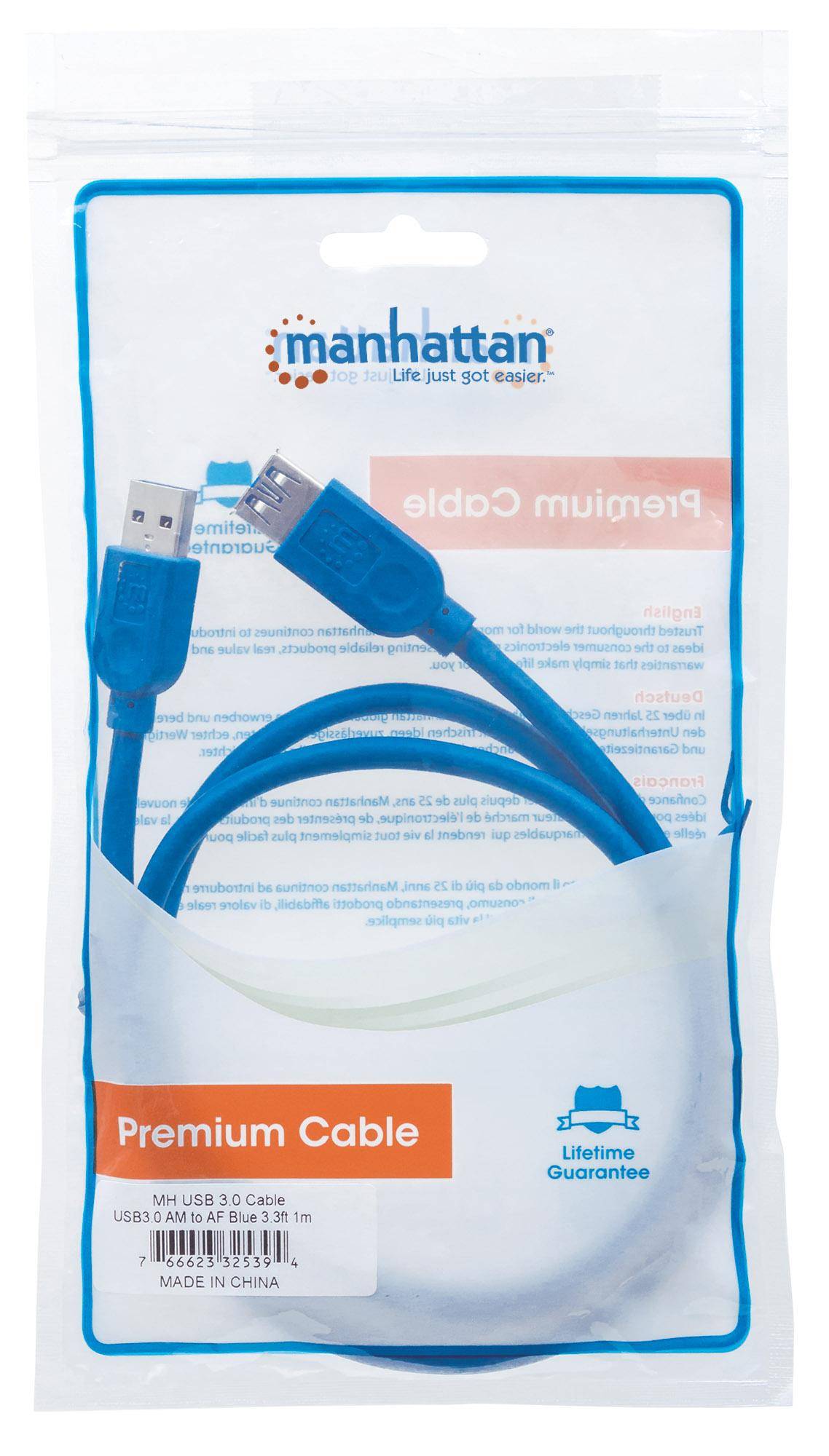 Manhattan Cavo USB USB 3.2 Gen1 Spina USB-A, Spina USB-A 1.00 m Blu Schermatura a fogli, Certificato UL, contatti connet-5