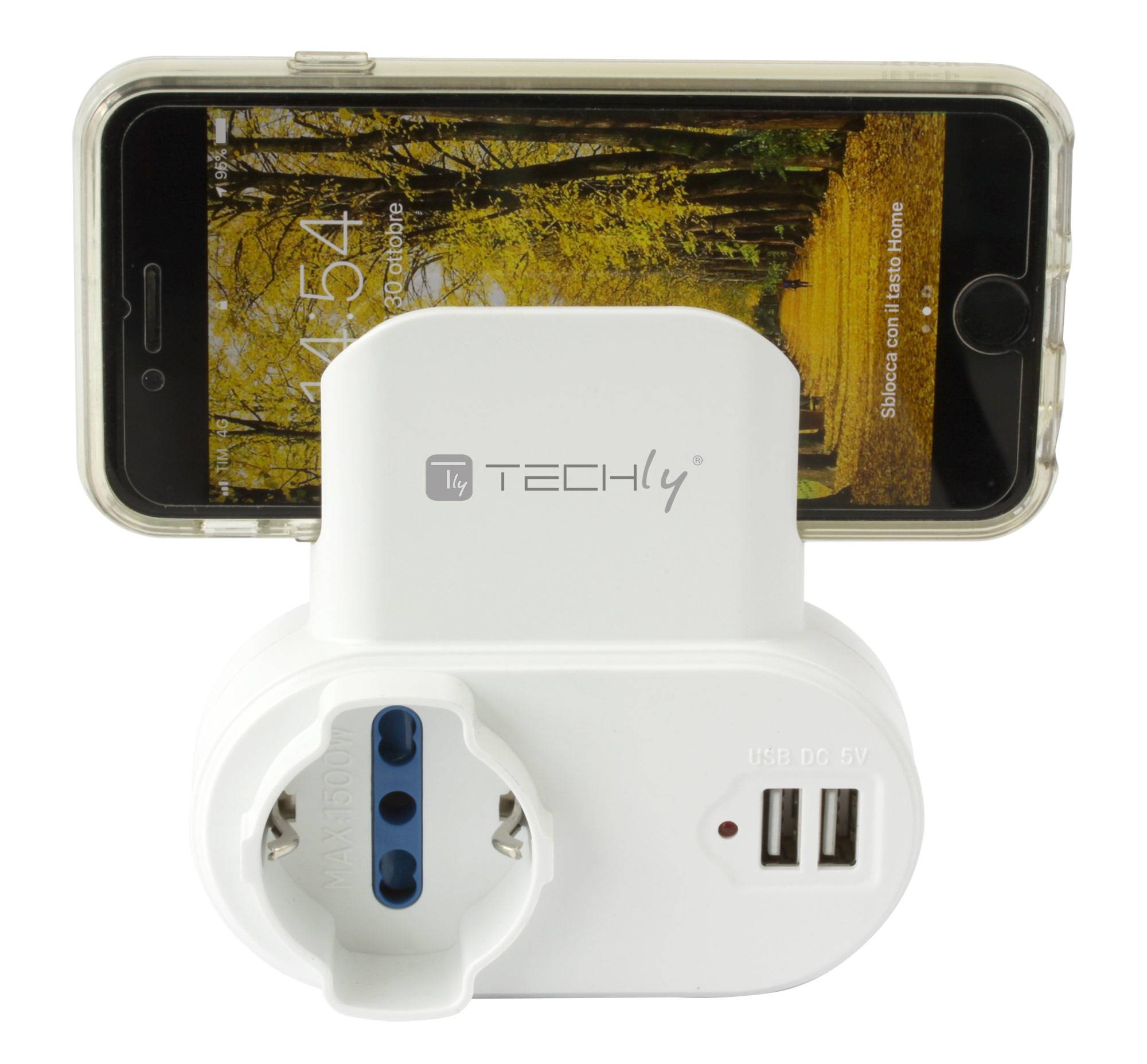 TECHLY Adattatore Presa bipasso/Schuko 2 USB 1A con porta telefono Bianco-4