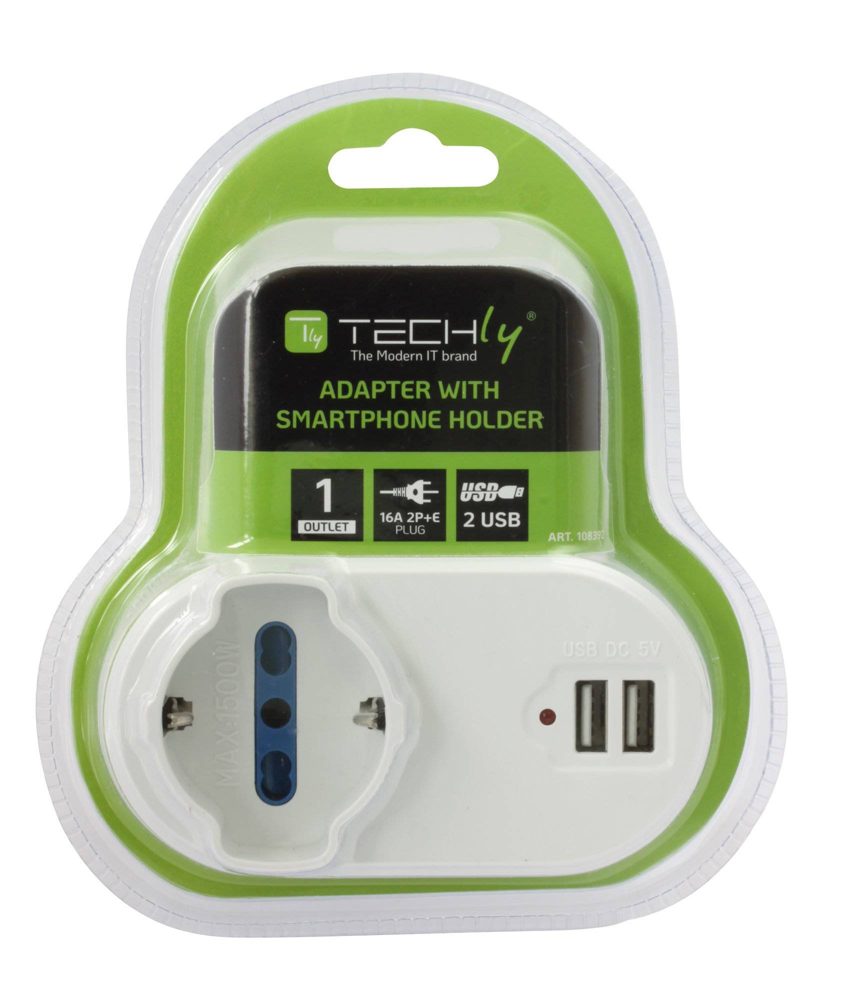TECHLY Adattatore Presa bipasso/Schuko 2 USB 1A con porta telefono Bianco-5