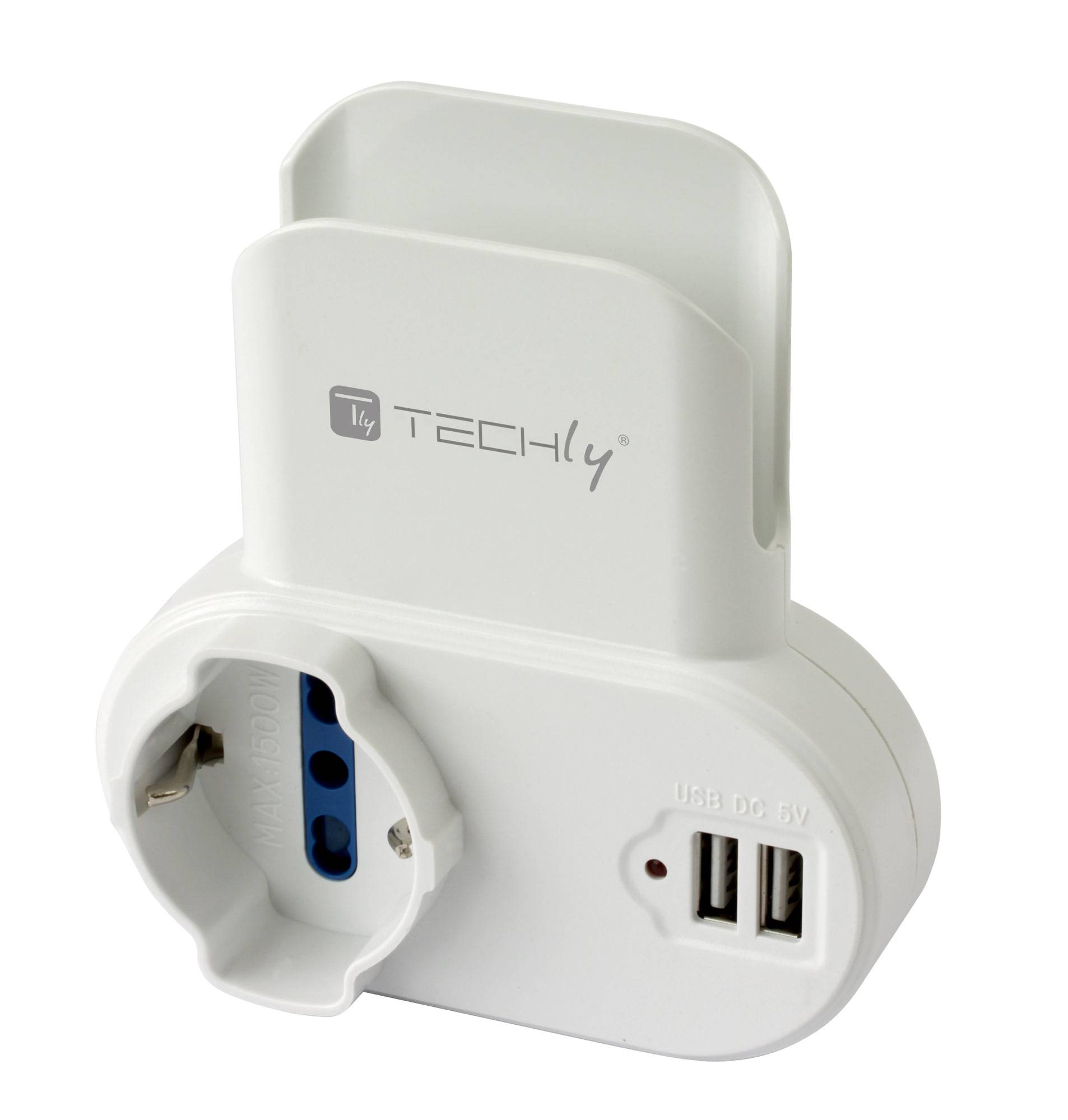 TECHLY Adattatore Presa bipasso/Schuko 2 USB 1A con porta telefono Bianco-2