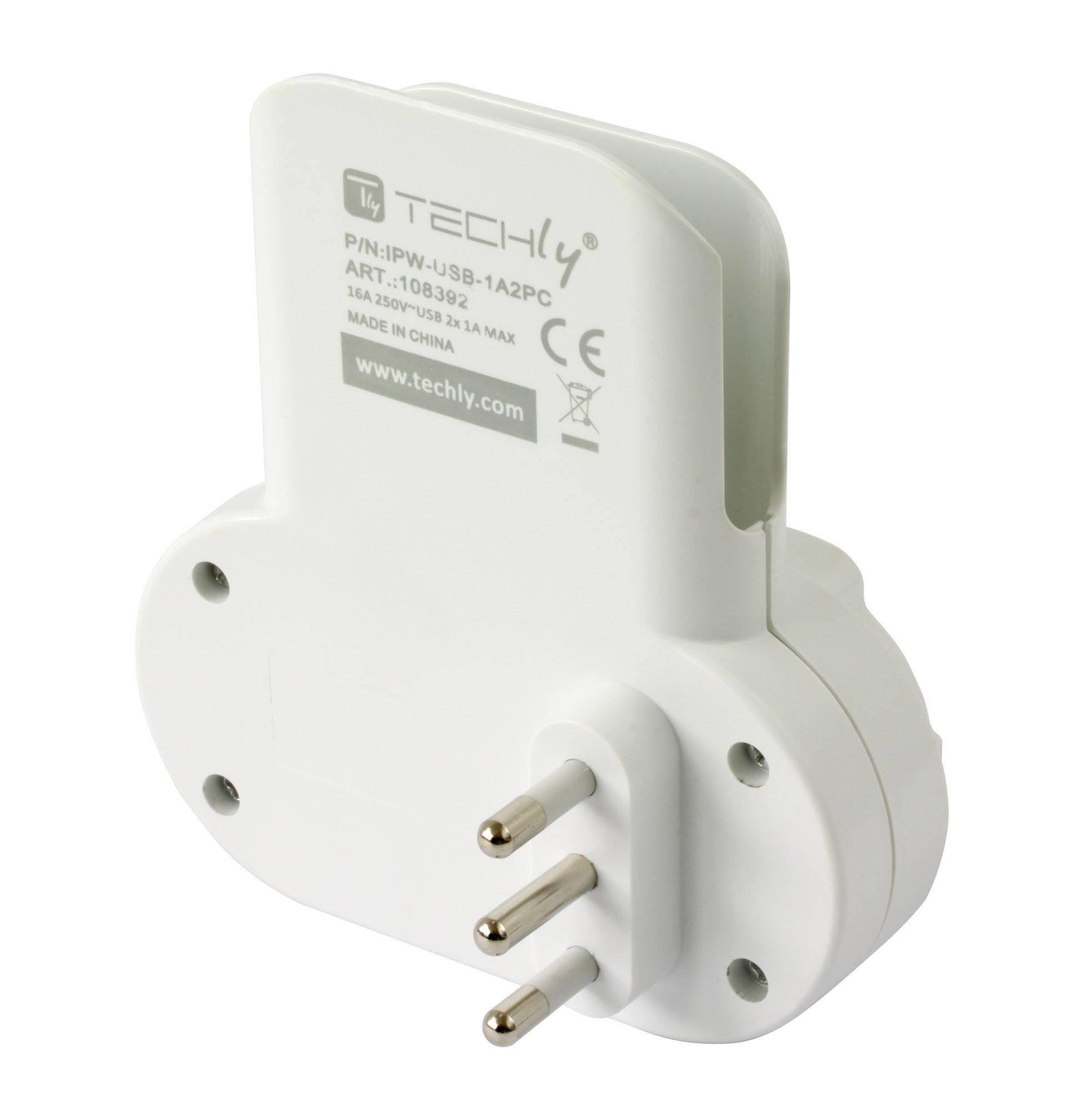 TECHLY Adattatore Presa bipasso/Schuko 2 USB 1A con porta telefono Bianco-3