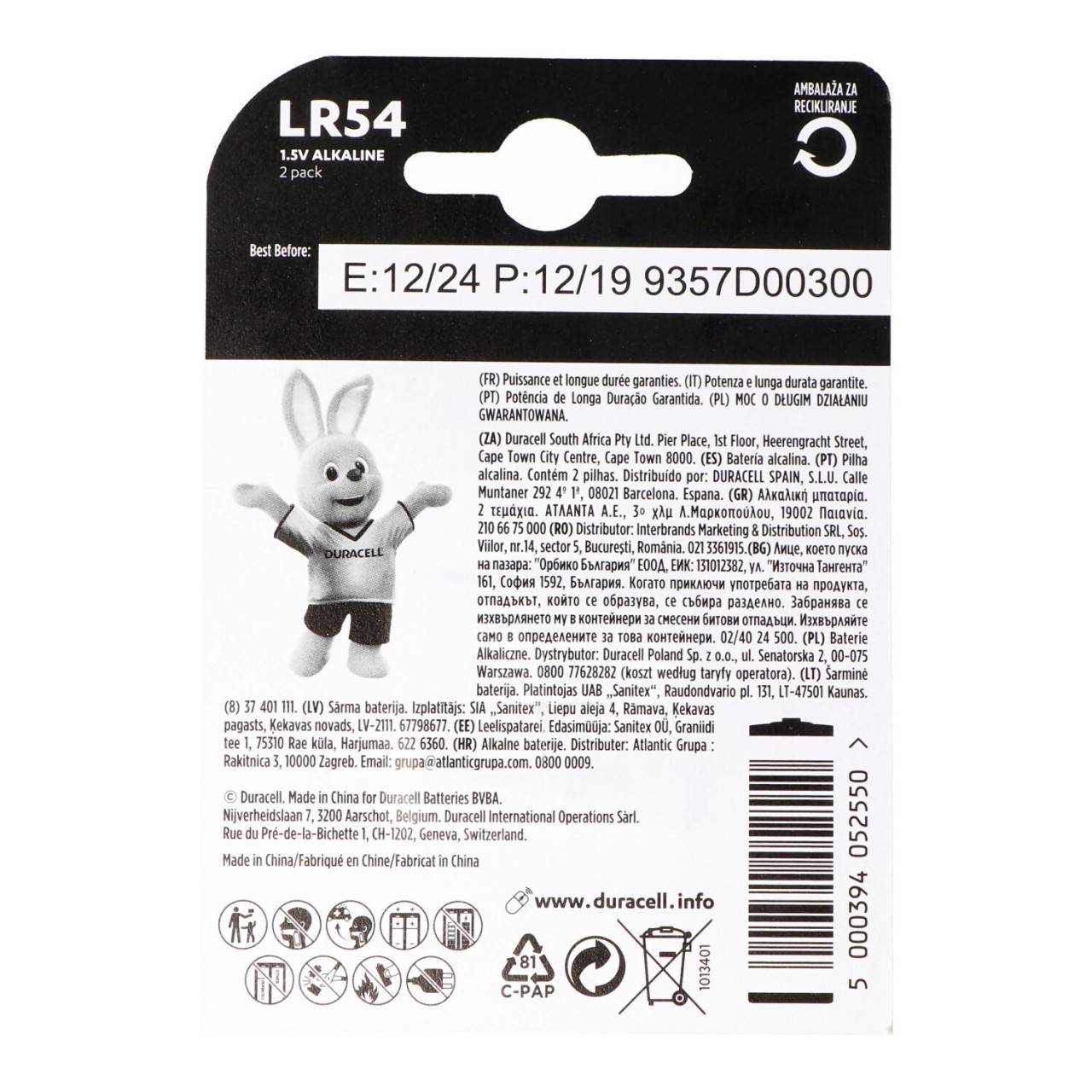 Pila a bottone Duracell LR54, AG10, LR54, LR1130, 189, RW89, blister da 2-3