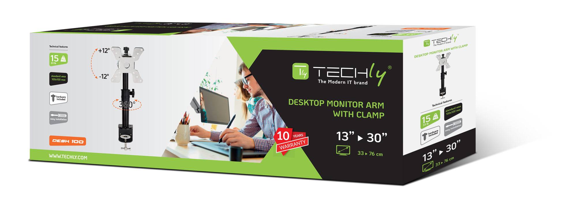 TECHLY Supporto da Scrivania per Monitor 13-30'' Braccio Corto Inclinabile Nero-5
