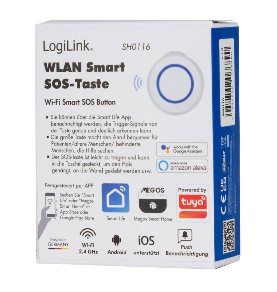LOGILINK Pulsante Smart Wi-Fi di chiamata SOS Compatibile Tuya Bianco / Blu-1