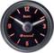 Orologio analogico rotondo con quadrante nero, lancette bianche e numeri rossi alle ore 12, 3, 6, 9. Contrassegnato con 'Equus'.