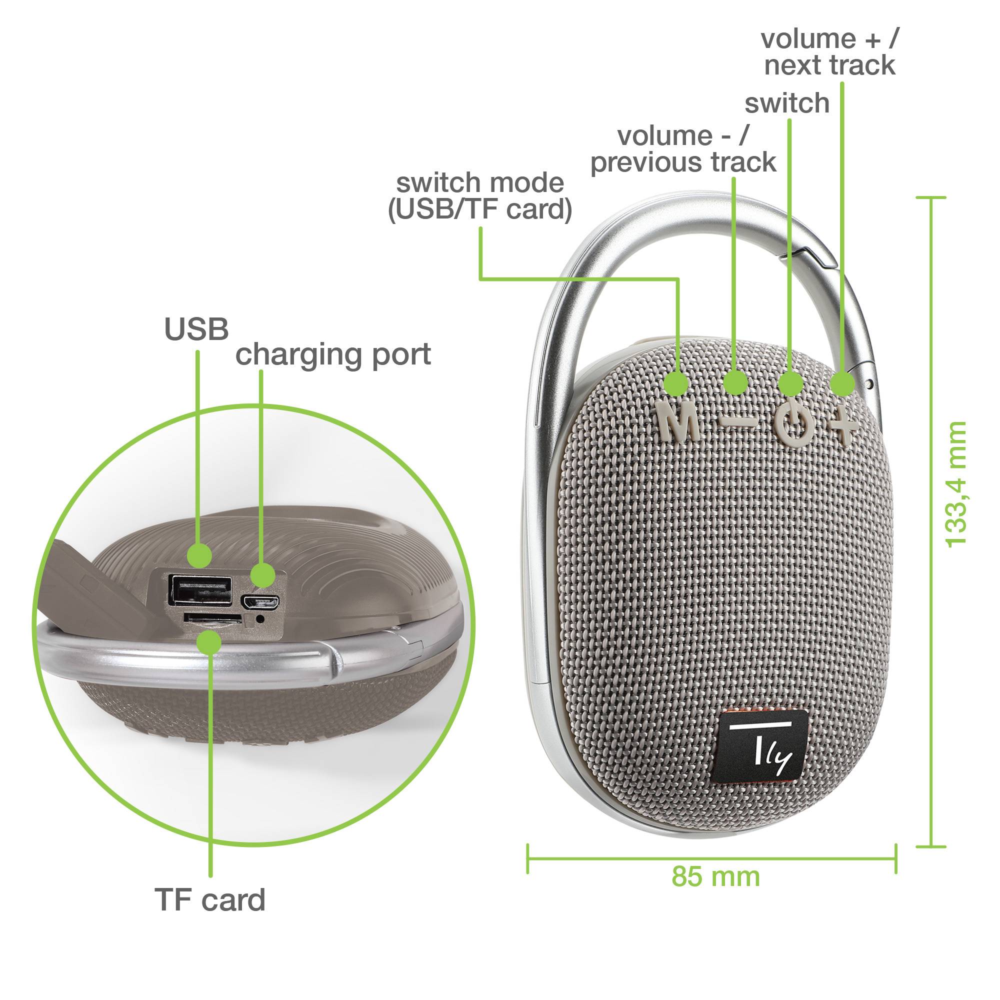Mini Altoparlante Wireless BT V5.3 Speaker Luce LED Vivavoce TF USB Grigio-3