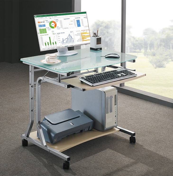 Scrivania per PC Compatta in Metallo e Vetro con Ruote-3
