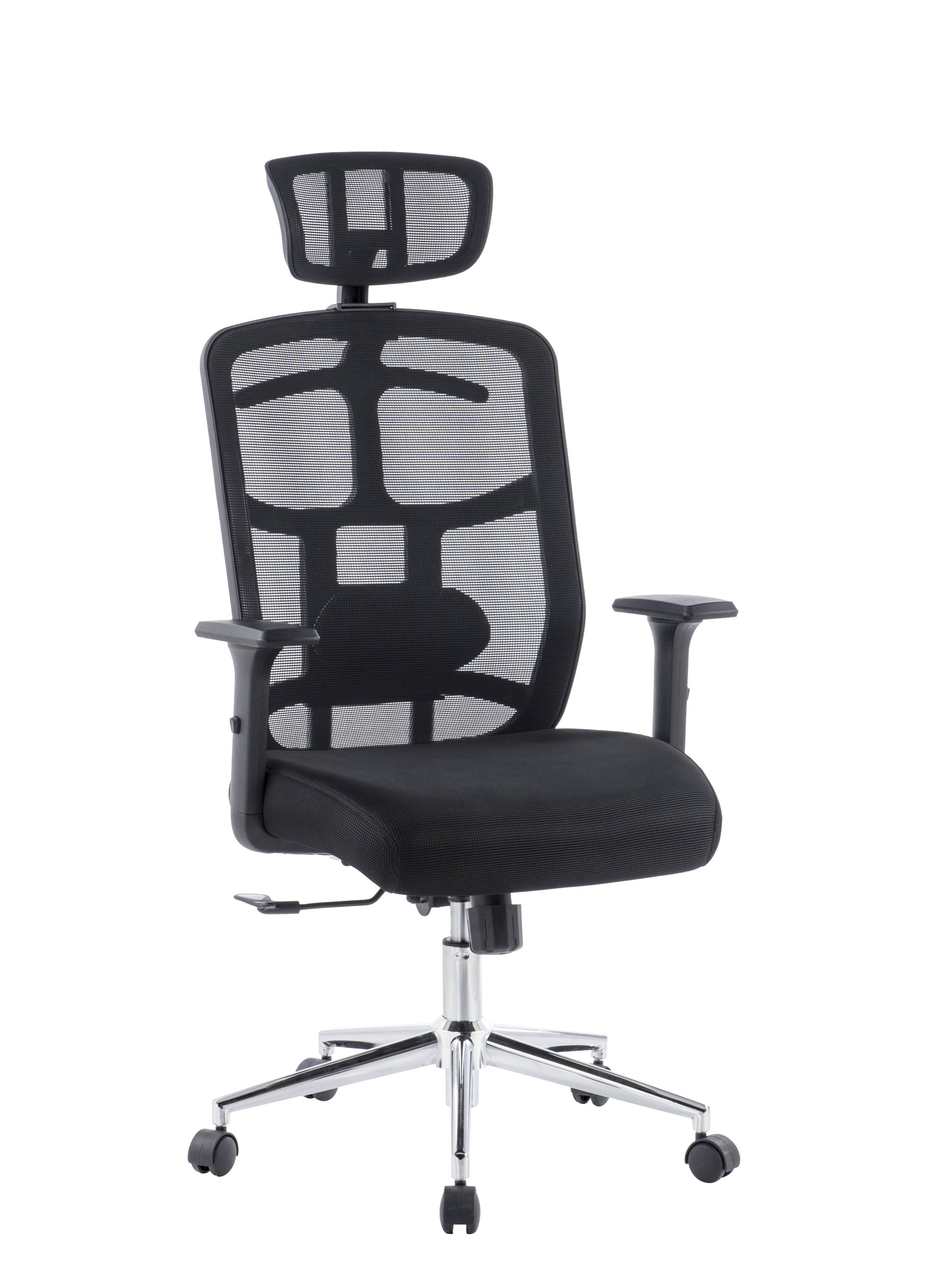 Sedia per Ufficio con Schienale Alto. Poggiatesta e Base Cromata Nero-4