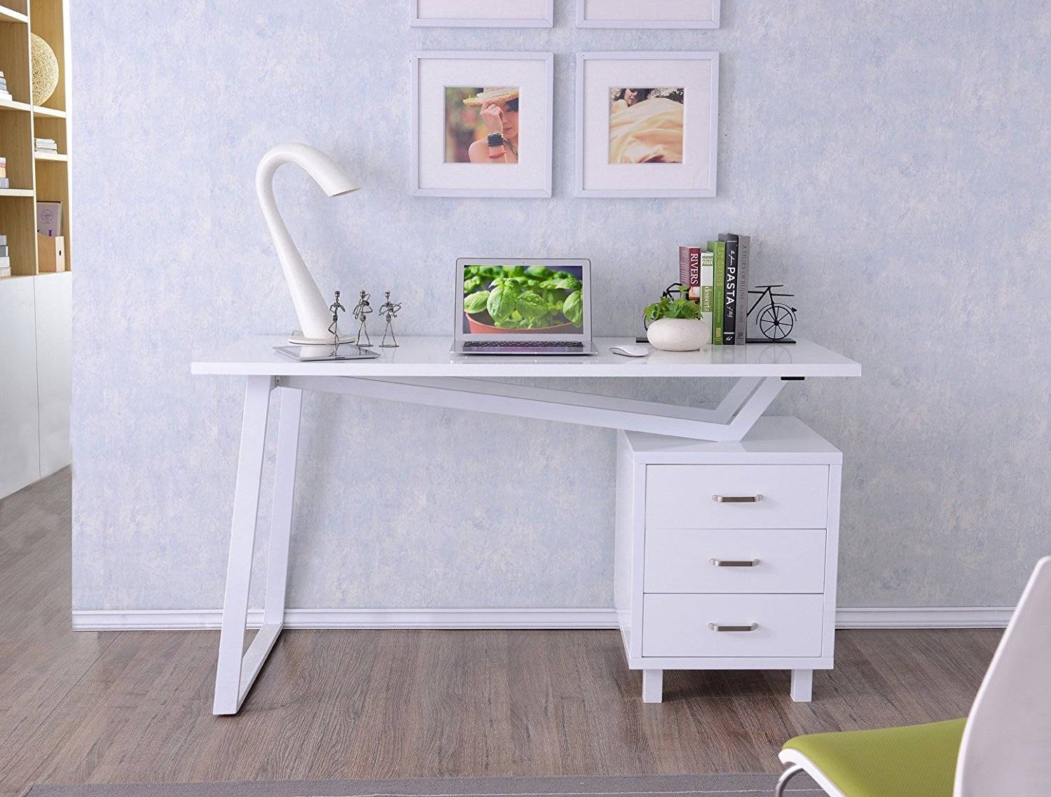 Scrivania per Computer con Tre Cassetti Bianco opaco effetto legno-5