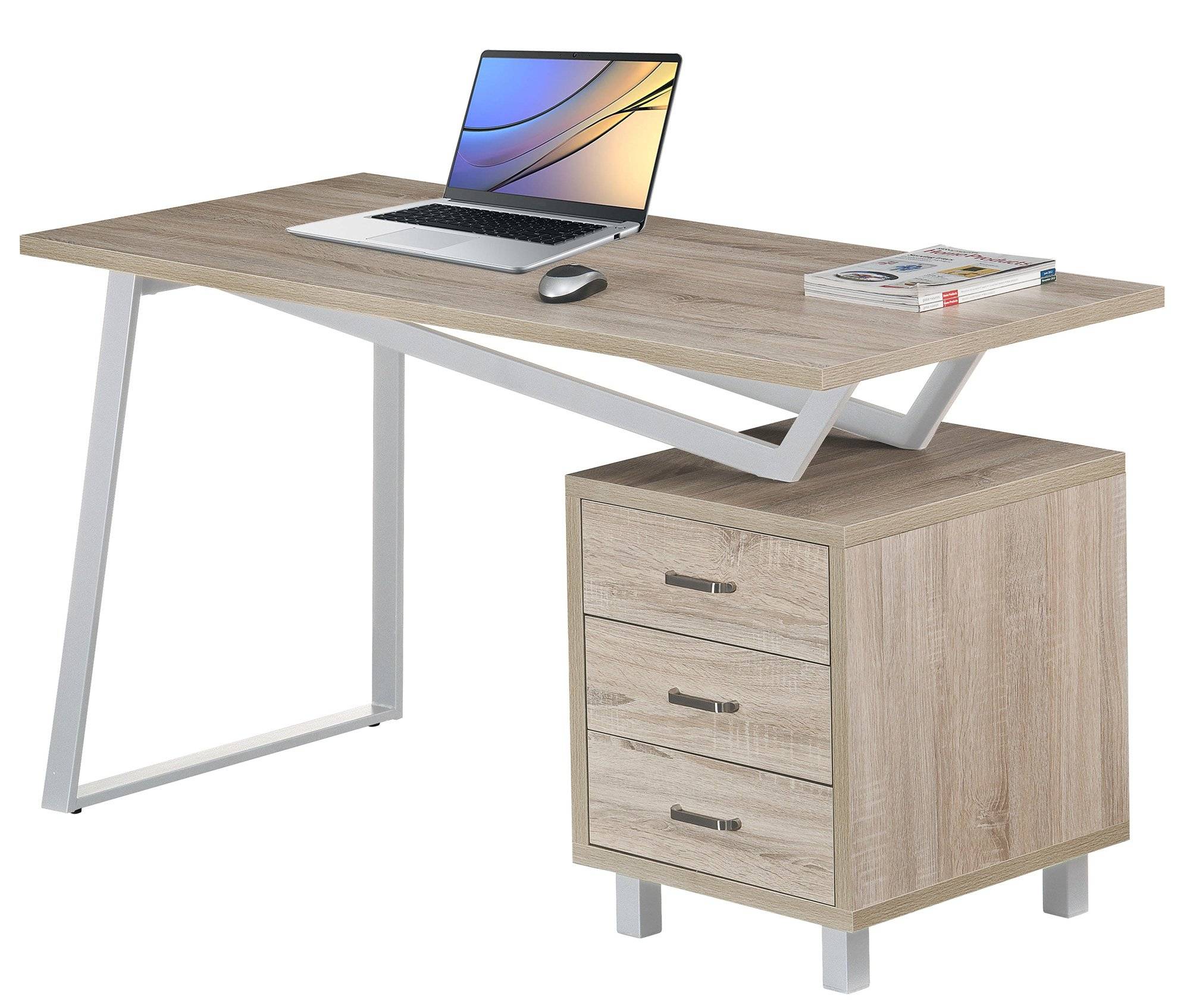 Scrivania per Computer dal Design Moderno con Tre Cassetti Quercia-5
