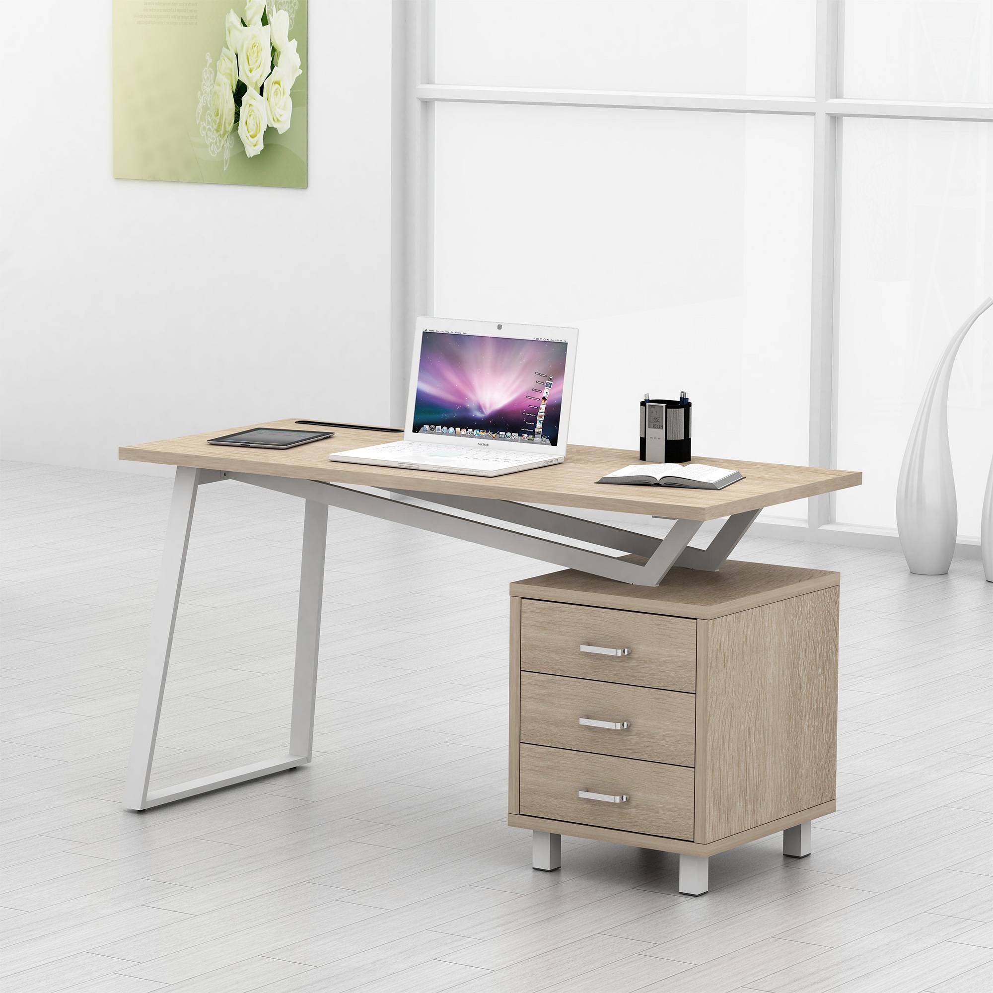 Scrivania per Computer dal Design Moderno con Tre Cassetti Quercia-2