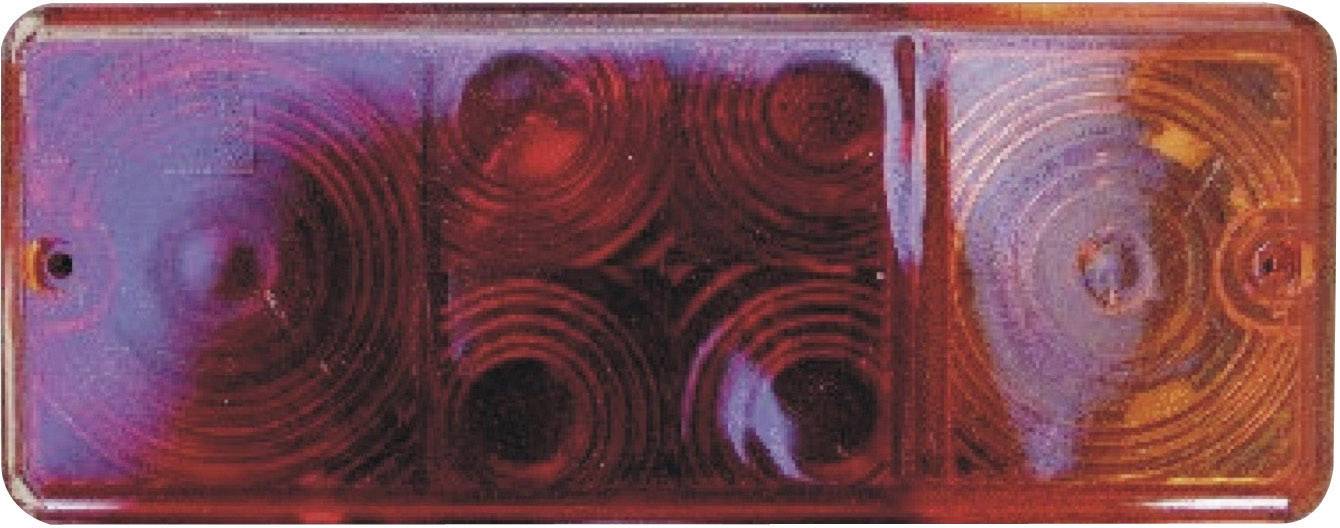 Fanale posteriore rosso di un veicolo con tre aree luminose coperte all'interno di un alloggiamento rettangolare.
