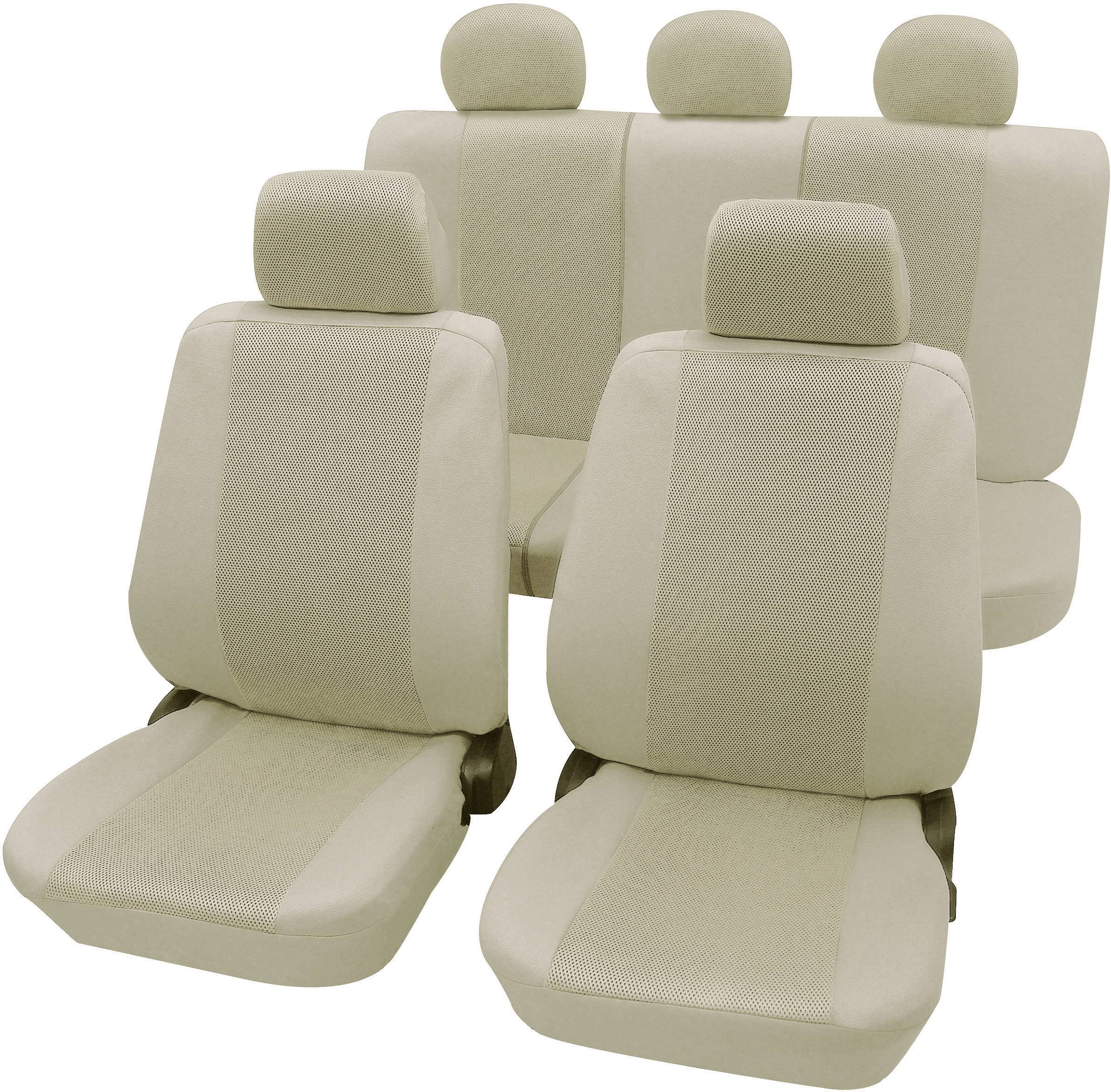 Set di rivestimenti interni per auto in beige, composto da fodere per sedili anteriori e posteriori con design piatto. Adatto a diversi tipi di veicoli.