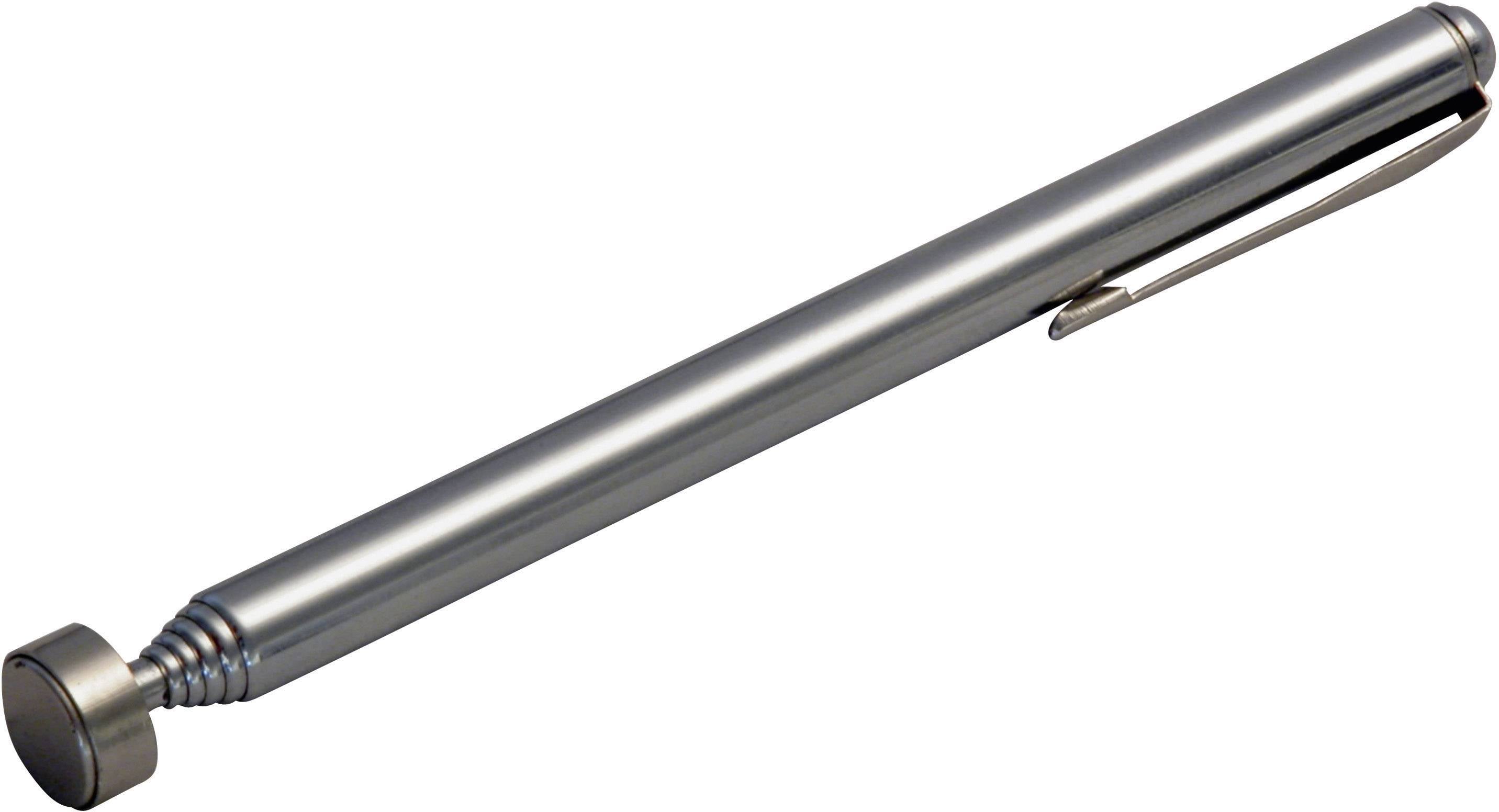 Un portamine telescopico argentato con testa magnetica, utile per raccogliere piccoli oggetti metallici, è poggiato su una superficie bianca.