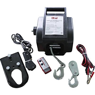 Verricello elettrico con accessori: controllo, gancio, cavo e supporto. Ideale per applicazioni di traino e sollevamento con 12 V DC.