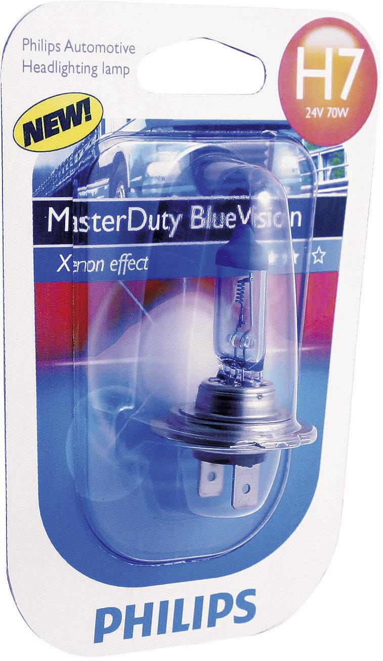 Lampada auto Philips MisterDuty BlueVision H7 24V 70W in confezione blister, evidenzia l'effetto Xenon, adatta per proiettori.