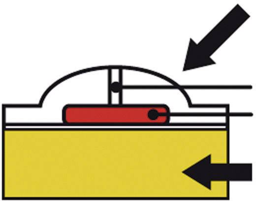 Diagramma di un interruttore elettrico. In alto, una freccia nera che punta sulla leva che chiude il circuito elettrico nel contenitore giallo.