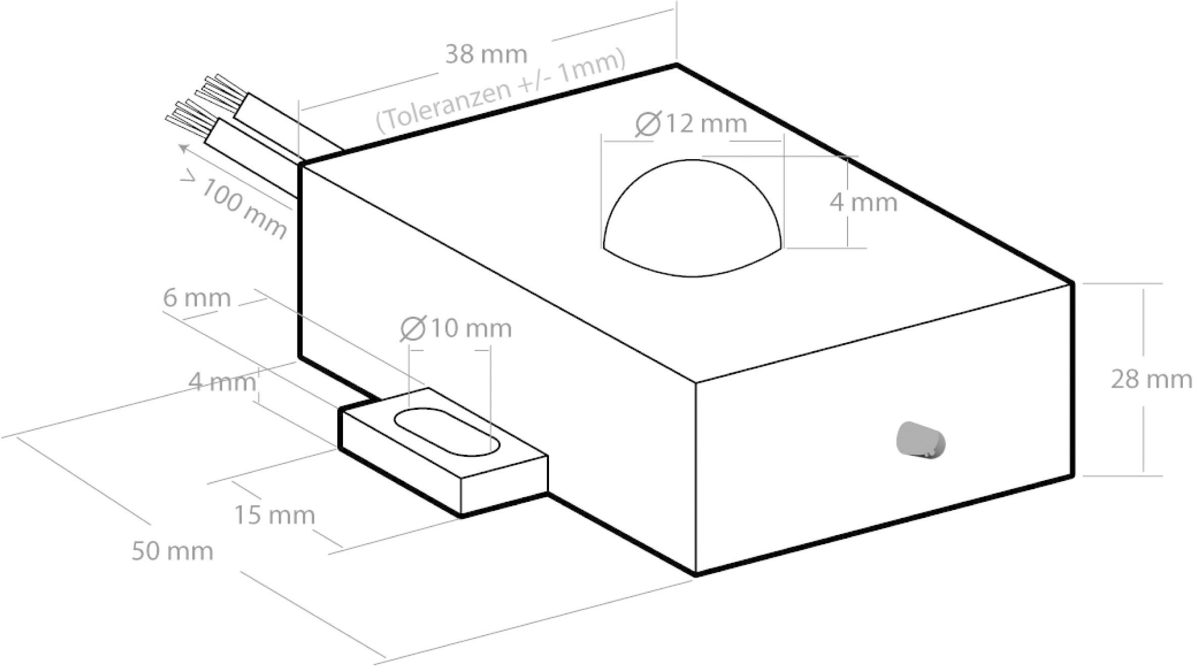 Disegno isometrico di un modulo elettronico rettangolare con dimensioni indicate: 38 mm di lunghezza, 28 mm di altezza, con ulteriori misure diverse.