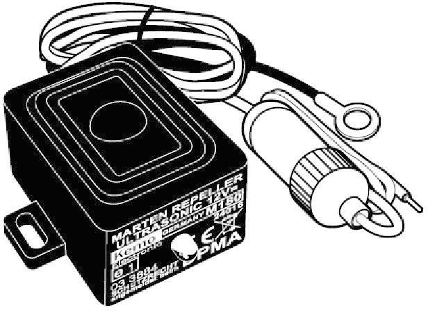 'Dispositivo a ultrasuoni con cavi per la repulsione delle martore, contrassegnato con "Marten Repeller ULTRASONIC 1300". Marchio del produttore e marchio CE visibili.'