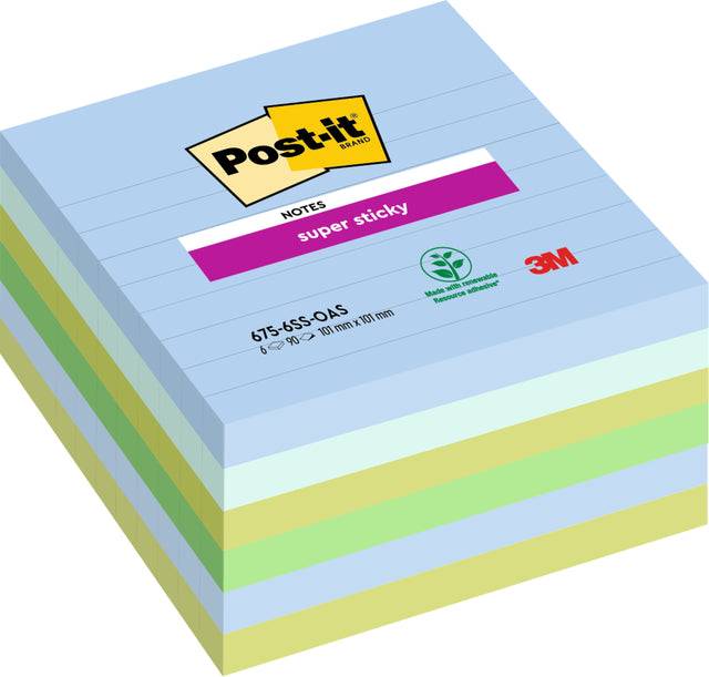 Blocco Post it Super Sticky - 675-6SS-OAS - a righe - 100 x 100 mm - colori Oasis - 90 fogli - Post it - conf. 6 pezzi-1