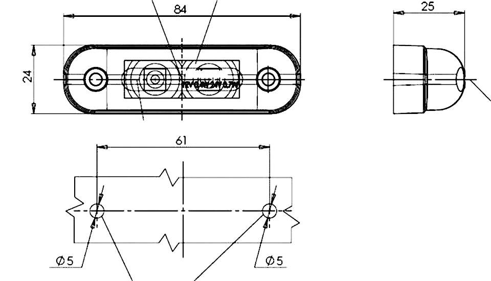 Disegno tecnico di un componente rettangolare con quote. Vista principale in alto mostra larghezza 84 mm, altezza 24 mm. Vista laterale a destra mostra profondità 25 mm.