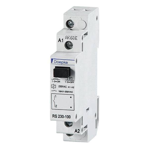 Relè interruttore unipolare RS 230-100 di Doepke, adatto per tensione a 230V AC. Mostra la leva di comando e i connettori elettrici.