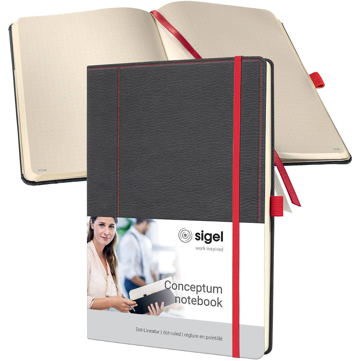sigel Notizbuch Conceptum Design Casual, DIN A4, grau/rot Dot-Liniatur (punktkariert), Hardvover in Echtleder-Optik, - 1-0