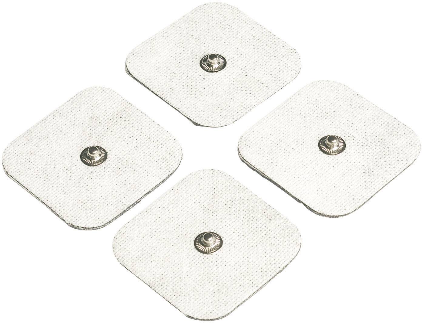 Quattro pad adesivi rettangolari bianchi con bottone metallico al centro, disposti su uno sfondo neutro.