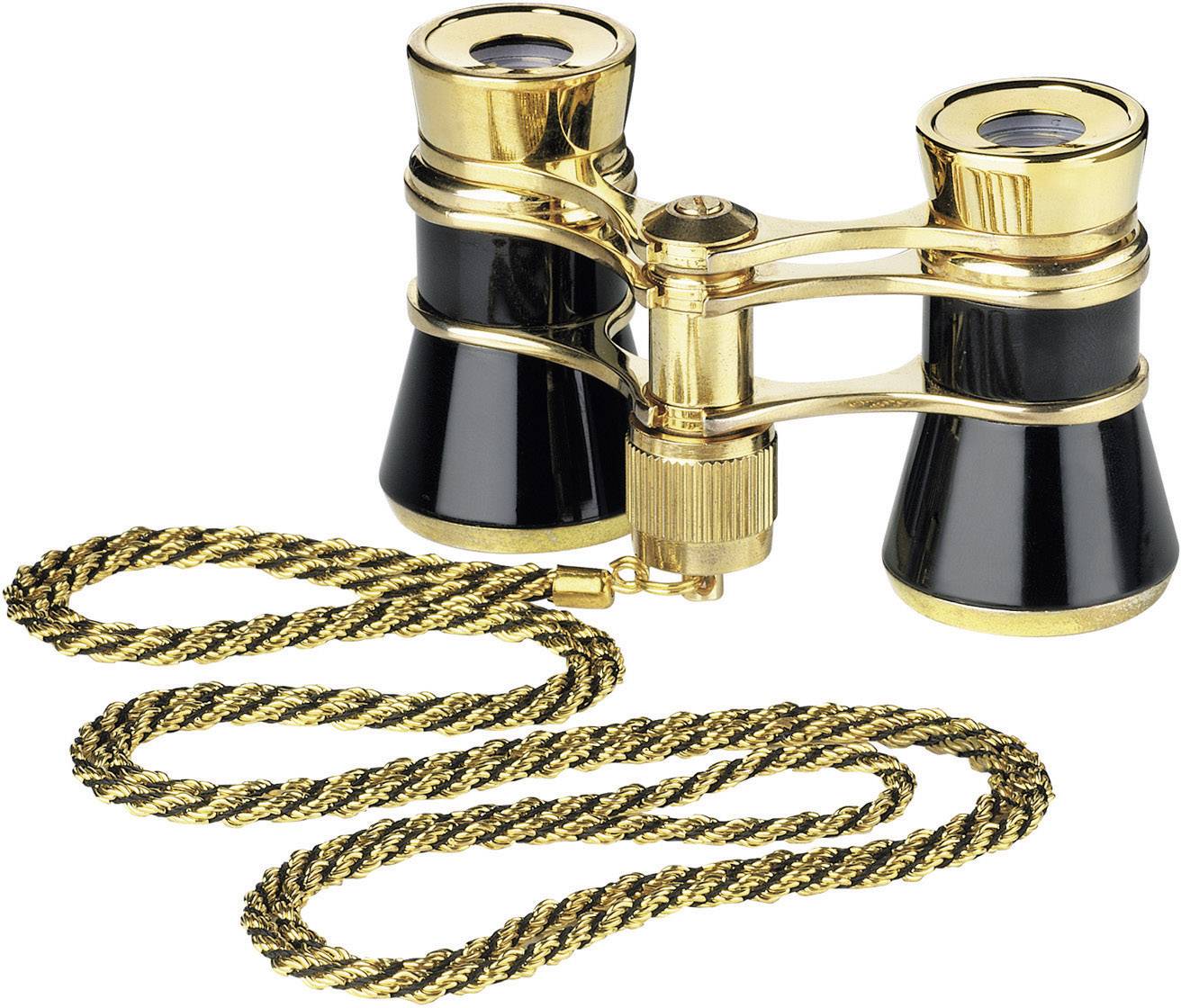 Binocolo da teatro con dettagli dorati e catena intrecciata, adatto per l'uso in teatri o durante spettacoli d'opera.
