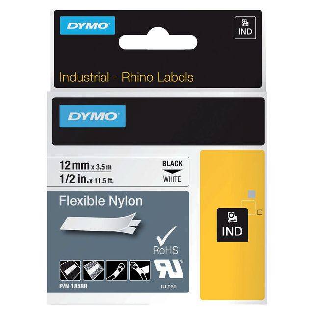 Nastro per etichette DYMOÂ® Original IND per Rhinoâ„¢ Nylon 12 mm x 3,5 m - nero su bianco-1