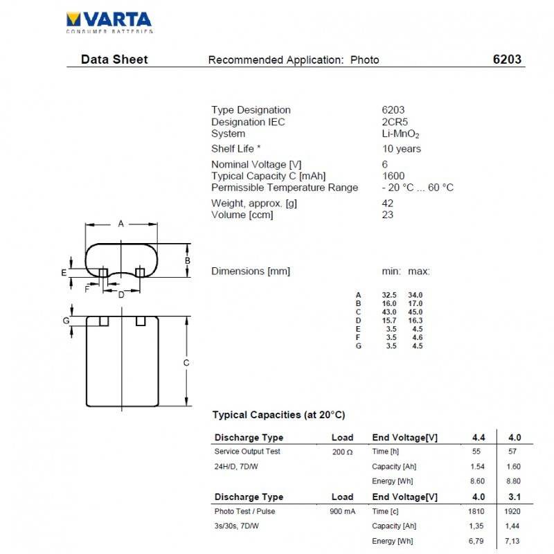 Batteria al litio Varta 2CR5 Photo 6203-4