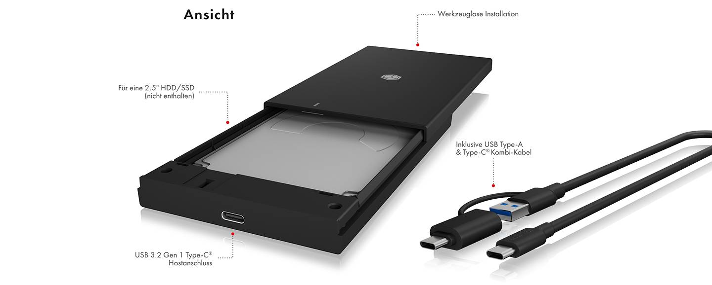 Ã¢â‚¬Â¢ FÃƒÂ¼r eine 2,5" SSD oder HDD Ã¢â‚¬Â¢ USB 3.2 Gen 1 Type-A/Type-CÃ‚Â® Kombi-Kabel Ã¢â‚¬Â¢ Datentransferrate bis-0