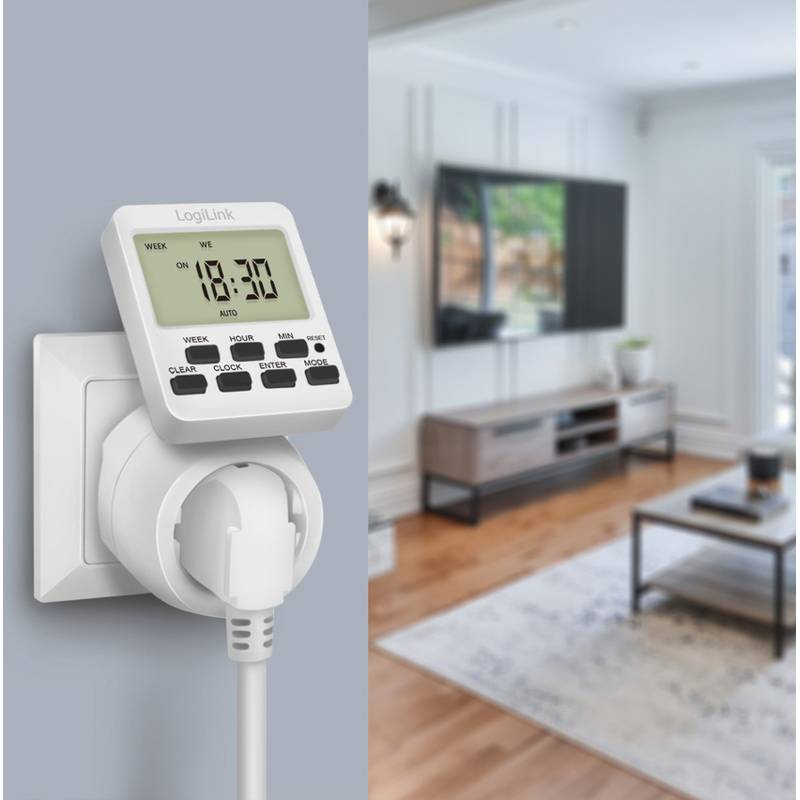 LogiLink ET0014, Timer giornaliero/settimanale, Bianco, Digitale, LCD, Pulsanti, 7 giorno/i-0