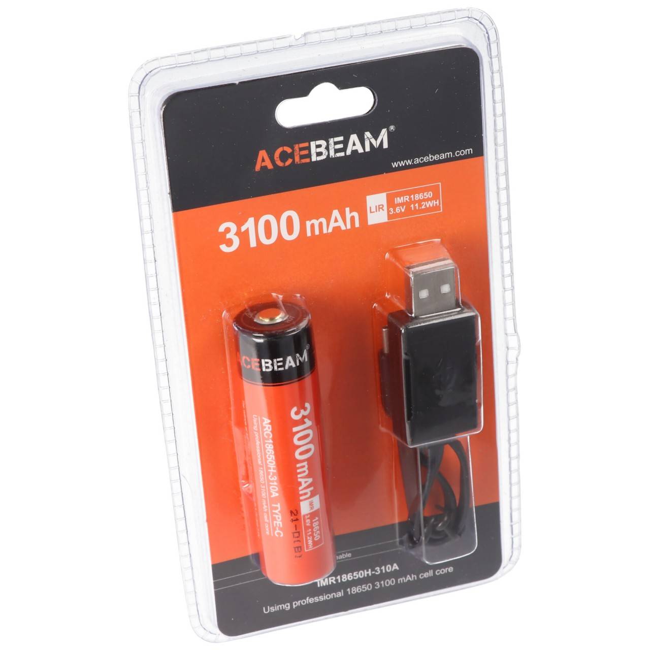 Batteria AceBeam 18650 agli ioni di litio con porta di ricarica USB-C, ARC18650H-310A, 3,7 V, 3100 mAh-0
