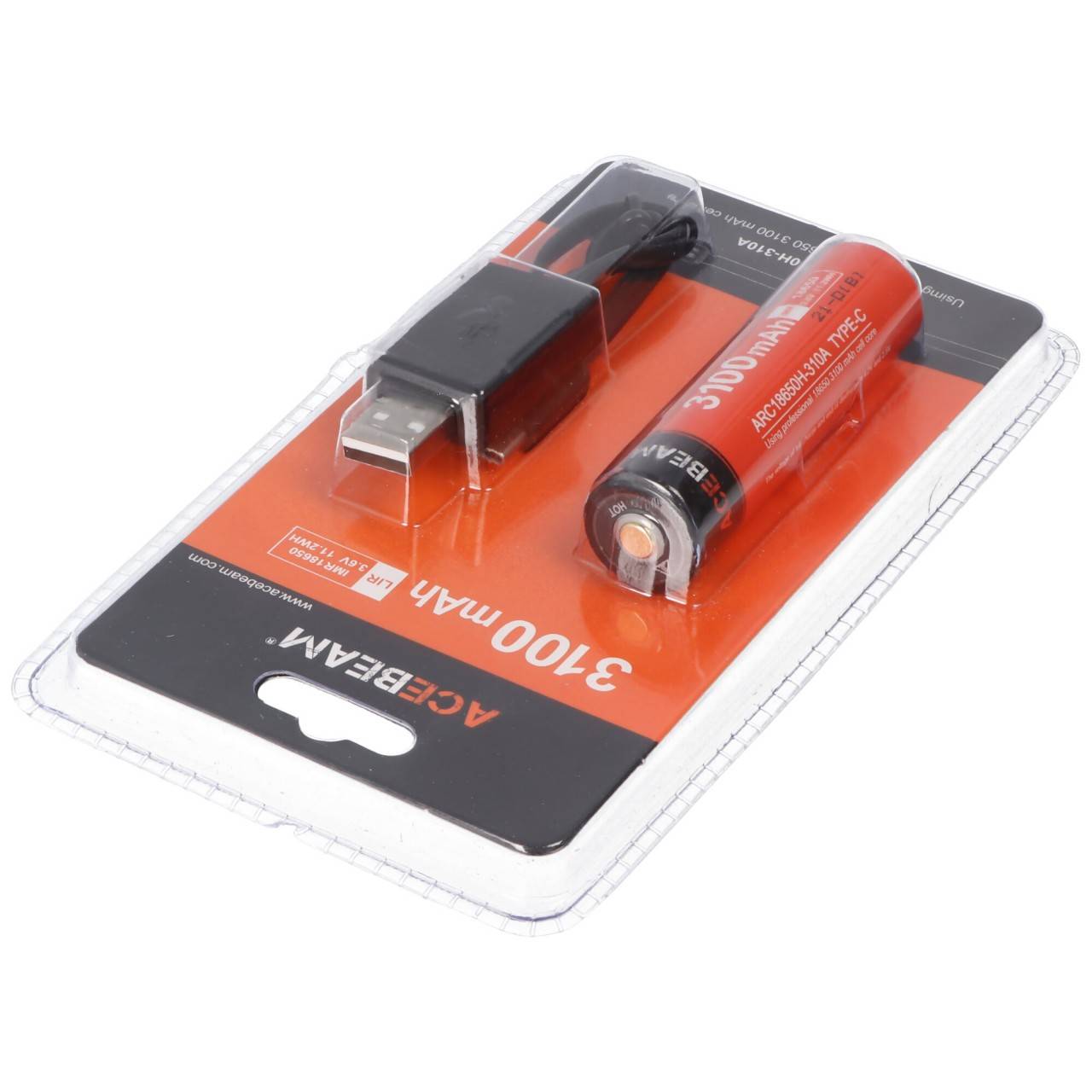 Batteria AceBeam 18650 agli ioni di litio con porta di ricarica USB-C, ARC18650H-310A, 3,7 V, 3100 mAh-1