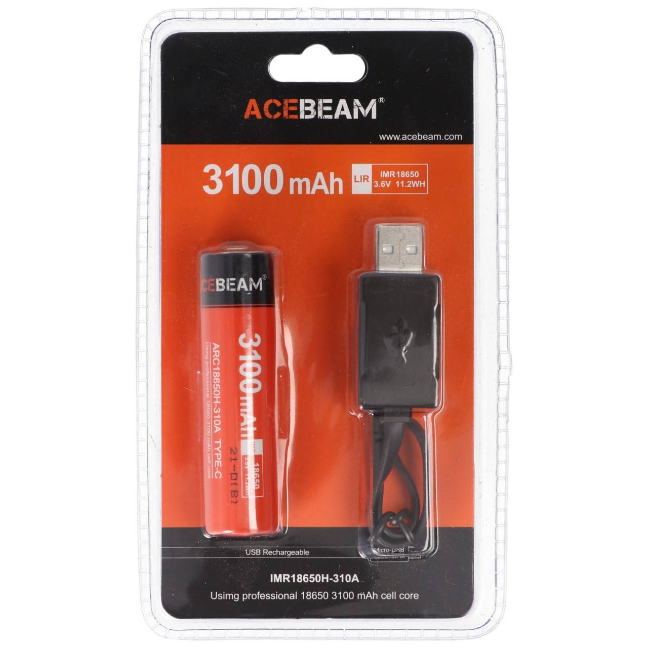 Batteria AceBeam 18650 agli ioni di litio con porta di ricarica USB-C, ARC18650H-310A, 3,7 V, 3100 mAh-2