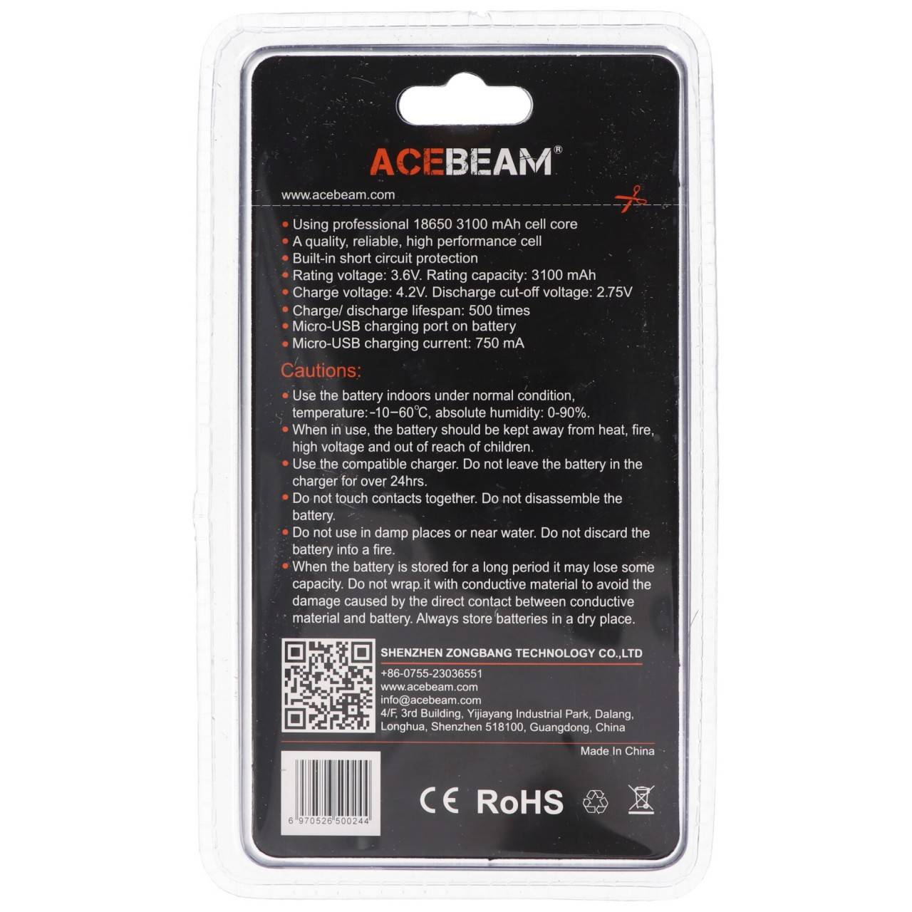 Batteria AceBeam 18650 agli ioni di litio con porta di ricarica USB-C, ARC18650H-310A, 3,7 V, 3100 mAh-3