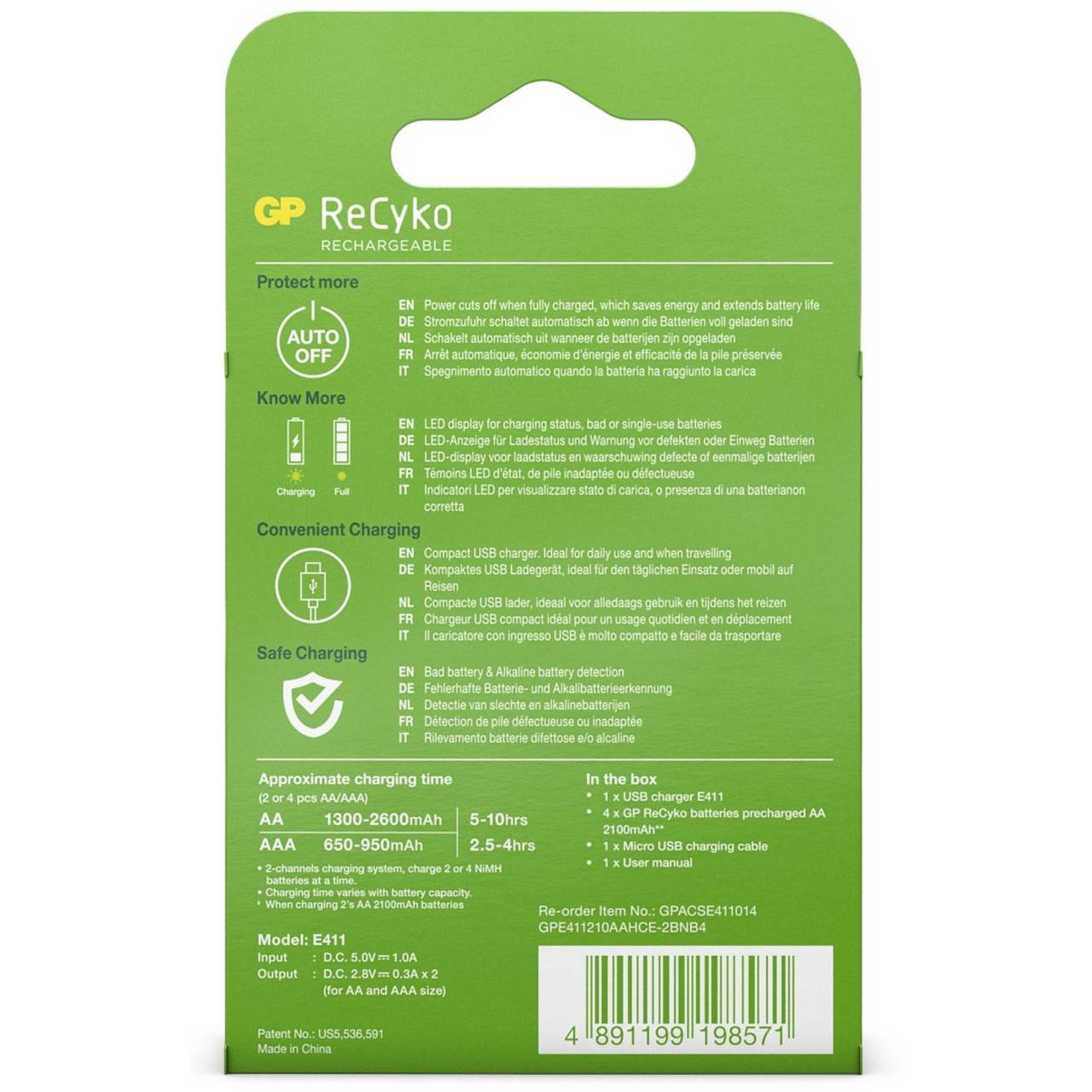 Caricatore modello USB GP E411 con 4 batterie ReCyko 1.2V AA Mignon 2100 mAh-3