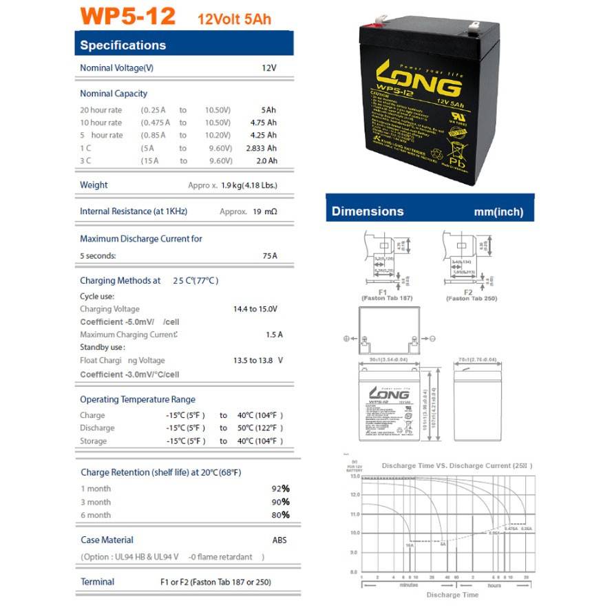 16 pezzi di batteria al piombo Kung Long WP5-12 12 Volt 5Ah, adatta per il pacco batteria APCRBC140 di APC, set...-2