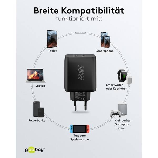 Caricabatterie rapido doppio Goobay USB-C™ PD (65 W) nero - 1x porta USB-C™ (Power Delivery) e 1x porta USB-A - nero-5